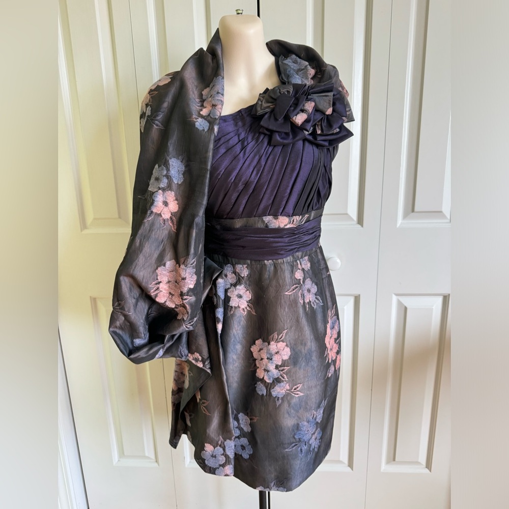 SOCIAL OCCASIONS By Mon Cheri Gray/Dark Purple Floral Evening Dress 6 EUC